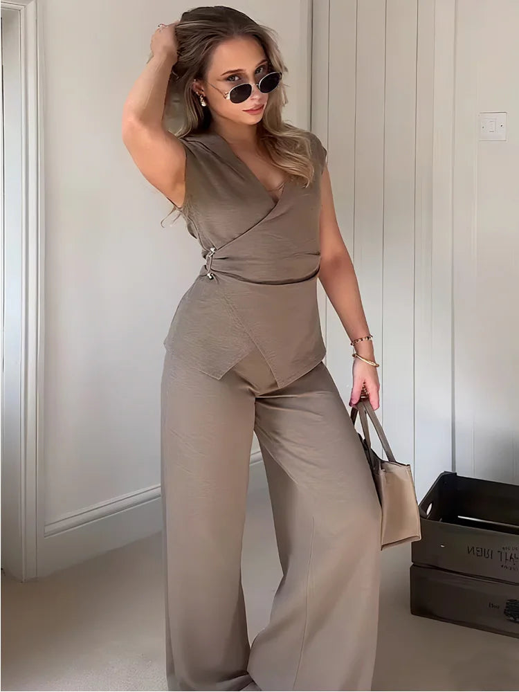 HXAO Hosen-Sets, Damen-Anzug, Falten, Oberteil, Sporthose, Trainingsanzug, Sommer, zweiteiliges Set, Sportbekleidung, elegant, lässig, weiblich, 2-teiliges Set