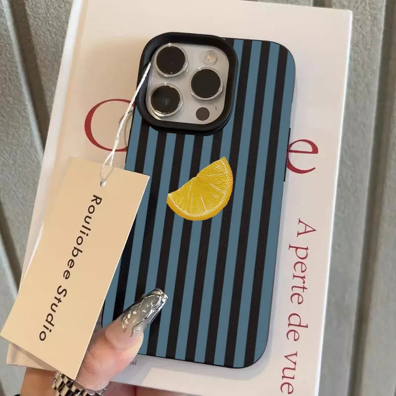 Für iPhone 17 16 15 14 13 12 11 Pro Max Hülle Blau gestreift Zitronenfrisches Muster Cover für iPhone XS X XR 16 Plus 16e Soft Funda