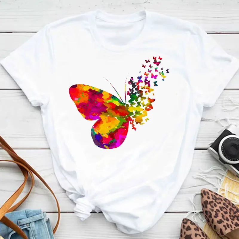 Neue blaue Schmetterling Blumen gedruckt T-Shirt Frauen Sommer lässig Kurzarm O-Ausschnitt Tops 90er Jahre Mode Grafik weibliche Tops T-Shirts