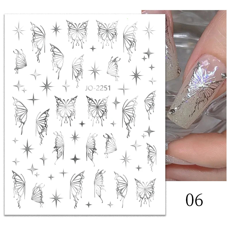 1PCS Schwarz Weiß Schmetterling Laser Nagel Aufkleber Y2K Nail art Dekoration Abstrakte Linien Bronzing Blumen Aufkleber Für Nägel