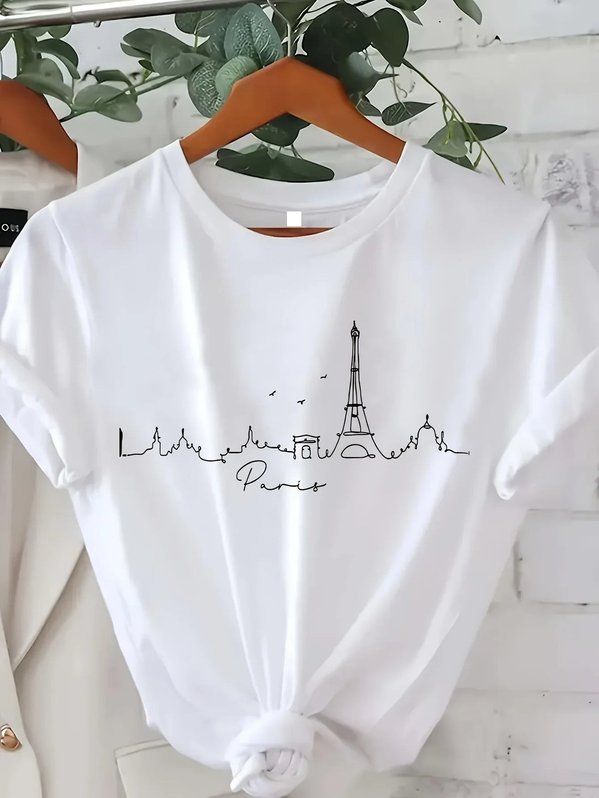 Vintage Elegantes O-Ausschnitt Kurzarm T-Shirt Paris Tower Bedrucktes Top Hochwertige, bequeme und minimalistische Damenbekleidung