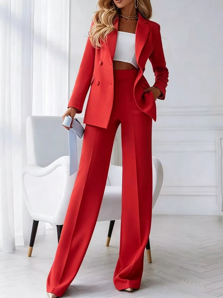 Maßgeschneiderte Damen-Hosenanzüge mit Jacke, 2-teilig, Doppelreihiger Blazer mit spitzem Revers, schmal geschnitten, elegantes Büro-Set für Damen, kompletter Blazer-Anzug