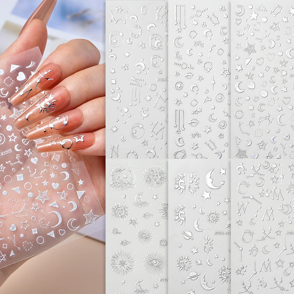 6 Stück 3D Blaue Herz-Nagelaufkleber Bronzierte Gold Silber Stern Mond Sonne Selbstklebende Slider Y2K Nagelkunst Abziehbilder Maniküre Dekoration