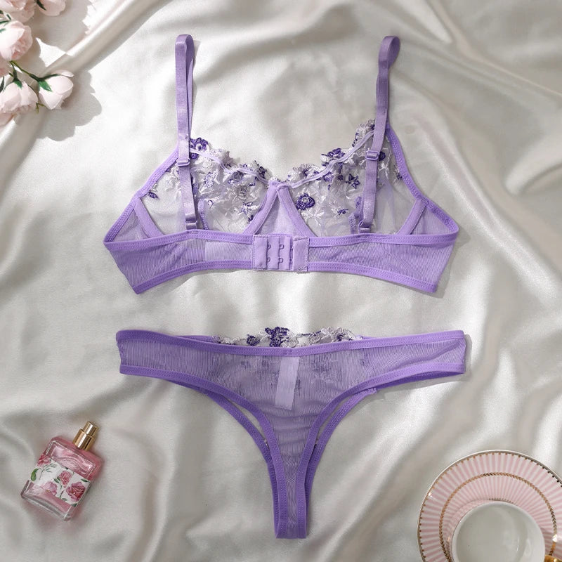 Lila Stickerei Sexy Dessous Set Hot Semi-Sheer Temptation BH und Höschen Sets Fancy Erotik Nachtwäsche Schöne Unterwäsche