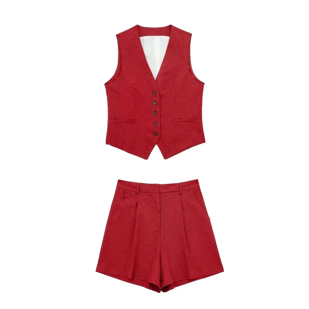 HH 2024 Frauen Mode Rote Weste Shorts Sets Einreiher V-ausschnitt Westen Tops Zipper Fly Hose Frau Sommer Casual solide Anzug