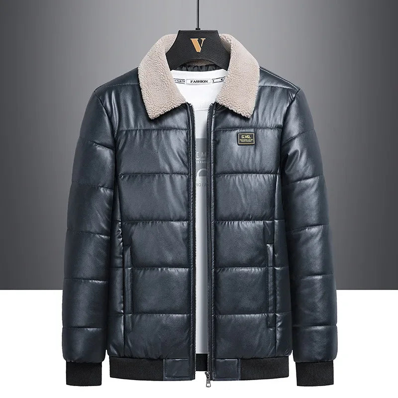 Lammfellkragen, verdickte, mit Fleece gefütterte Baumwolljacke, Business-Casual-Ledermantel für Herren, Winter, warm, stilvoll, Herren-Oberbekleidung