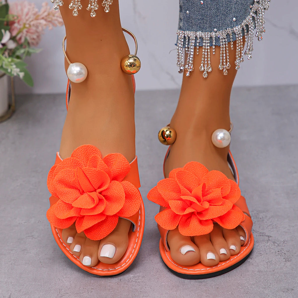 Flache Sandalen mit Blumenperlen-Dekor, Damen-Strandschuhe mit offenem Zehenbereich und Knöchelriemen