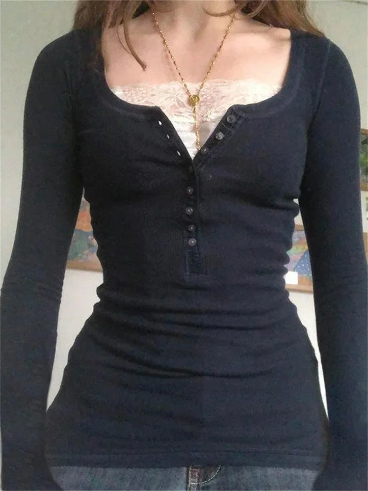 Frauen Frühling Herbst Shirts Y2K Ästhetische Grunge Shirts Langarm Spitze Patchwork Tops 90er Jahre Vintage Fee Harajuku Bluse