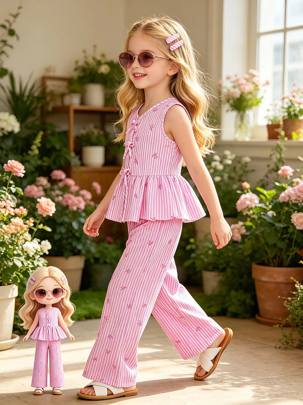 2-teiliges Sommer-Outfit-Set für Kinder und Mädchen, rosa, gestreift, mit Schleifenmuster, ärmelloses Peplum-Oberteil mit Bindedetail vorne und elastischer hoher Taille