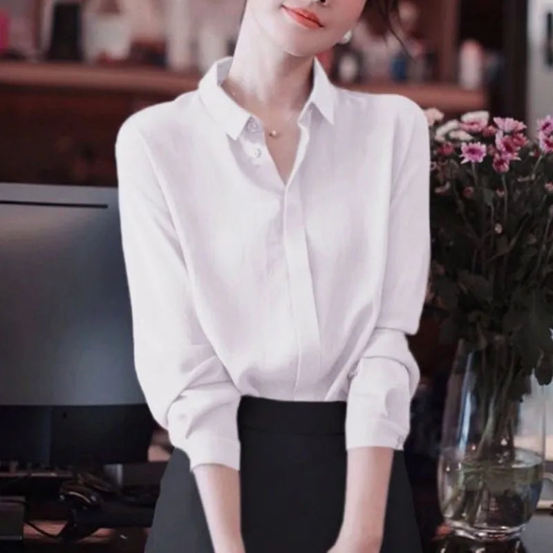 Frauen Frühling Herbst Stil Blusen Hemden Dame lässig Langarm Turn-Down-Kragen einfarbige Blusas Tops wy1038