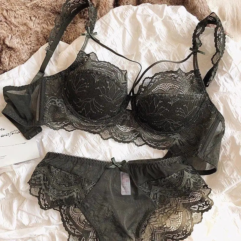 MOYISU Sexy Spitzen-Bralette-Set, kleine Brüste, französisches Design, abnehmbare Träger mit dünnen Push-Up-Pads, weiche Bügel-BH-Abdeckung, Oberteil AB