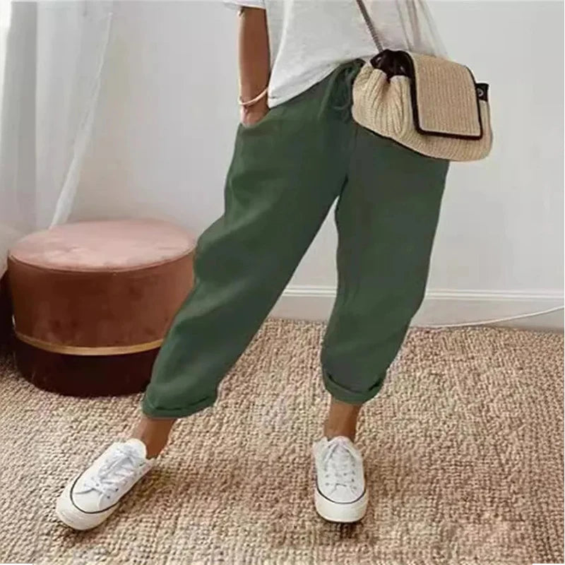 Einfarbig Kordelzug Elastische Taille Frauen Hosen Sommer Plus Größe Beiläufige Breite Bein Hosen Weibliche Lose Elegante Oversize Hosen