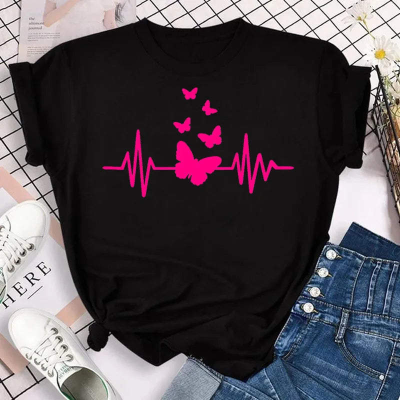 Neue blaue Schmetterling Blumen gedruckt T-Shirt Frauen Sommer lässig Kurzarm O-Ausschnitt Tops 90er Jahre Mode Grafik weibliche Tops T-Shirts