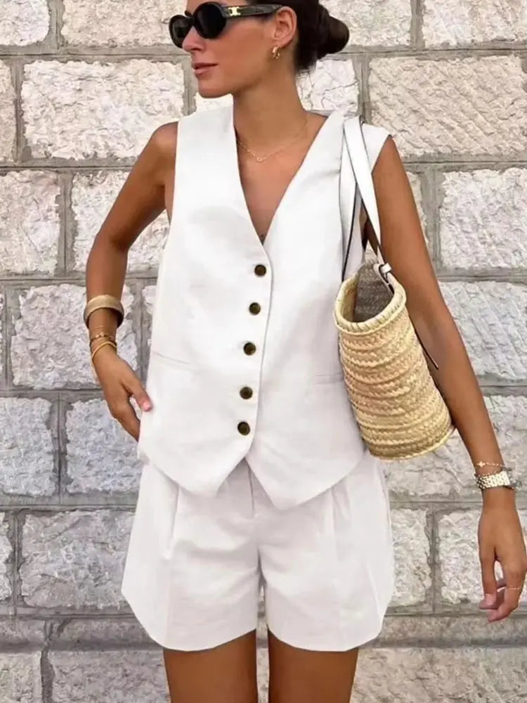 HH Frauen Elegante Feste Weste Hose Sets Einreiher V-ausschnitt Weste Top + Hohe Taille Dünne Shorts Dame Büro Tragen anzüge