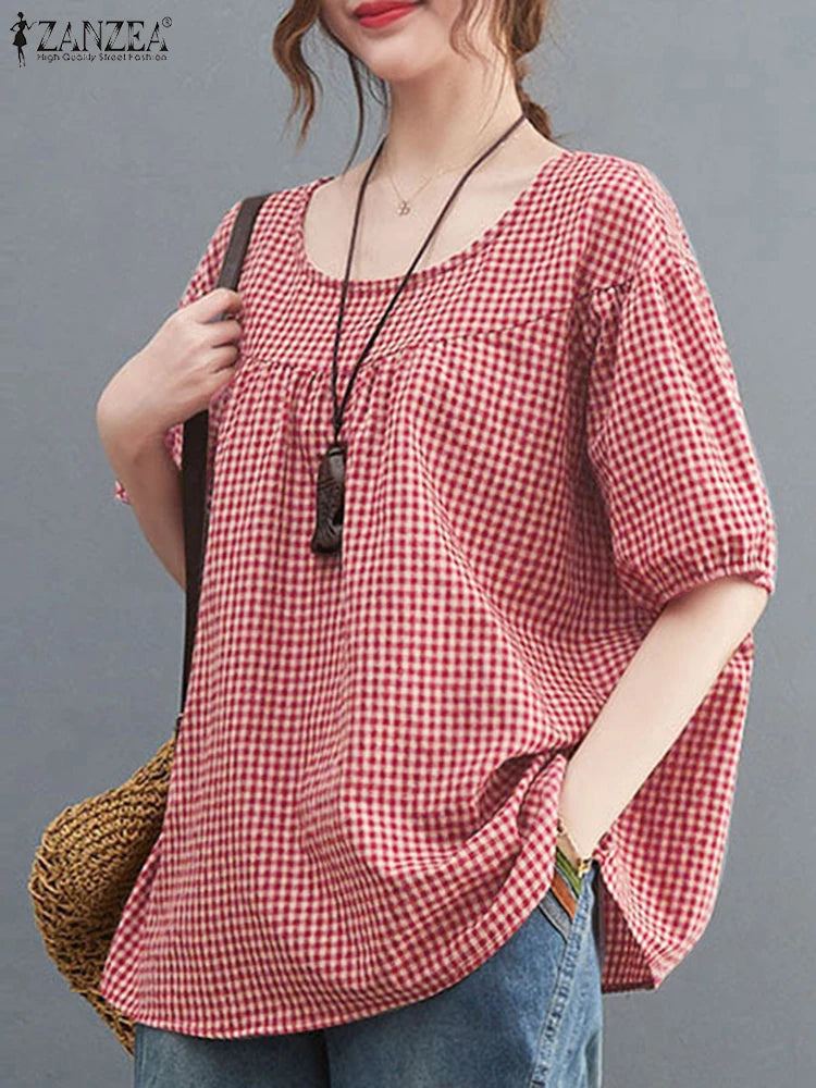 ZANZEA Sommer Vintage Frauen Casual Lose Hemd Baggy Plaid Kariert Tops Tunika Mode O Hals Kurzarm Bluse Blusas Chemise