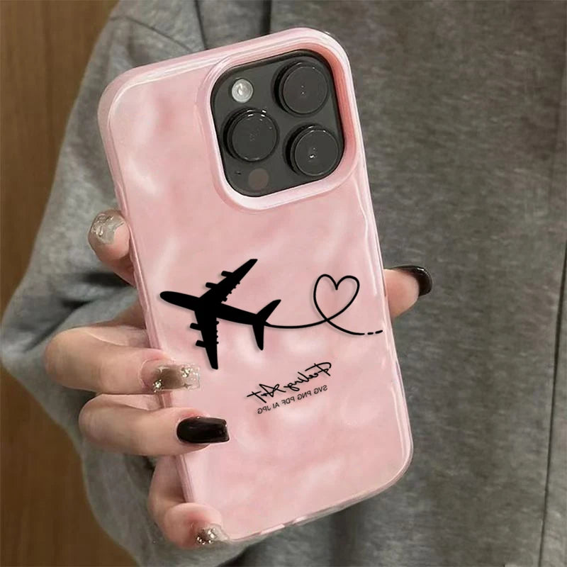 Trendige Flugzeug-Herz-Handyhülle für iPhone 17, 16, 11, 12, 13, 14, 15, Pro Max, Luftblau, Rosa, Gelb, stoßfeste, weiche Schutzhülle