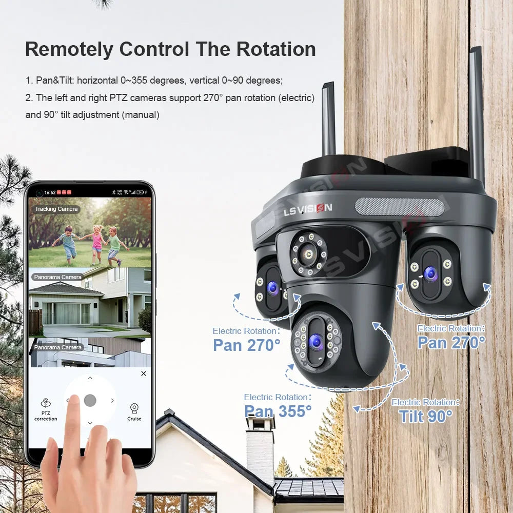 LS VISION 15 MP WLAN-Kamera mit drei Bildschirmen für den Außenbereich, drei 360° ° Rotation PTZ IP Kamera Human Auto Tracking Videoüberwachung Cam CCTV