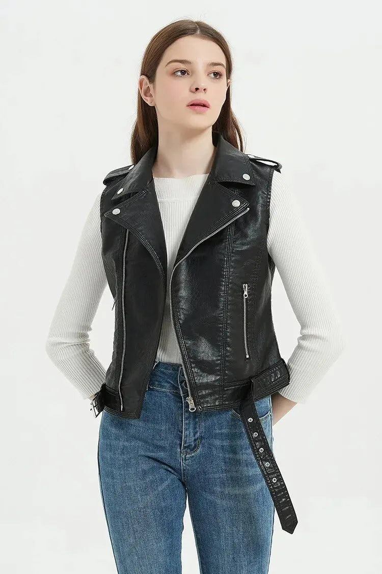 Herbst Streetwear Frauen weiche Pu Weste weiblich plus Größe 5xl Faux Schaffell Revers Mantel Moto Biker Weste Lederjacke