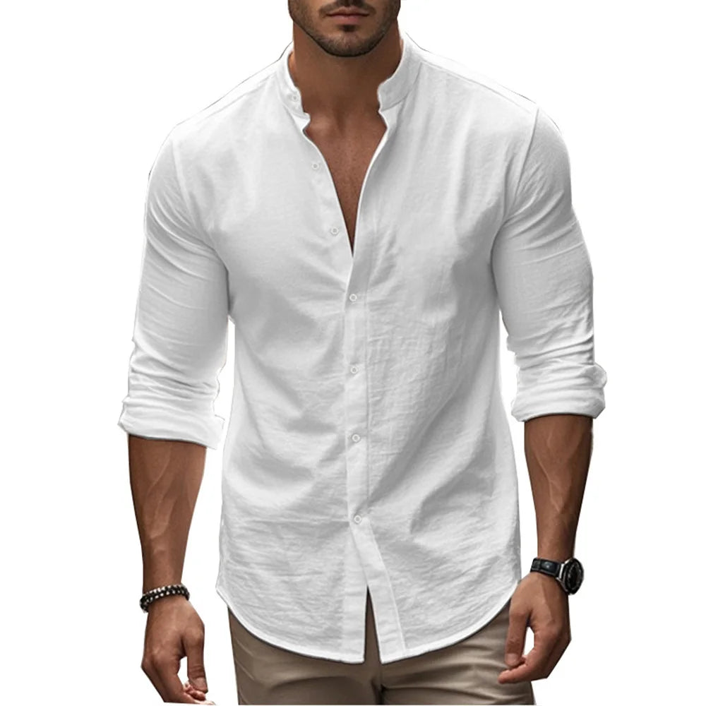Henry-Hemden für Herren, Baumwolle, Leinen, schmale Passform, kausal, hawaiianisch, einfarbig, Basic-Stil, Frühling und Sommer, atmungsaktive Herrenbekleidung