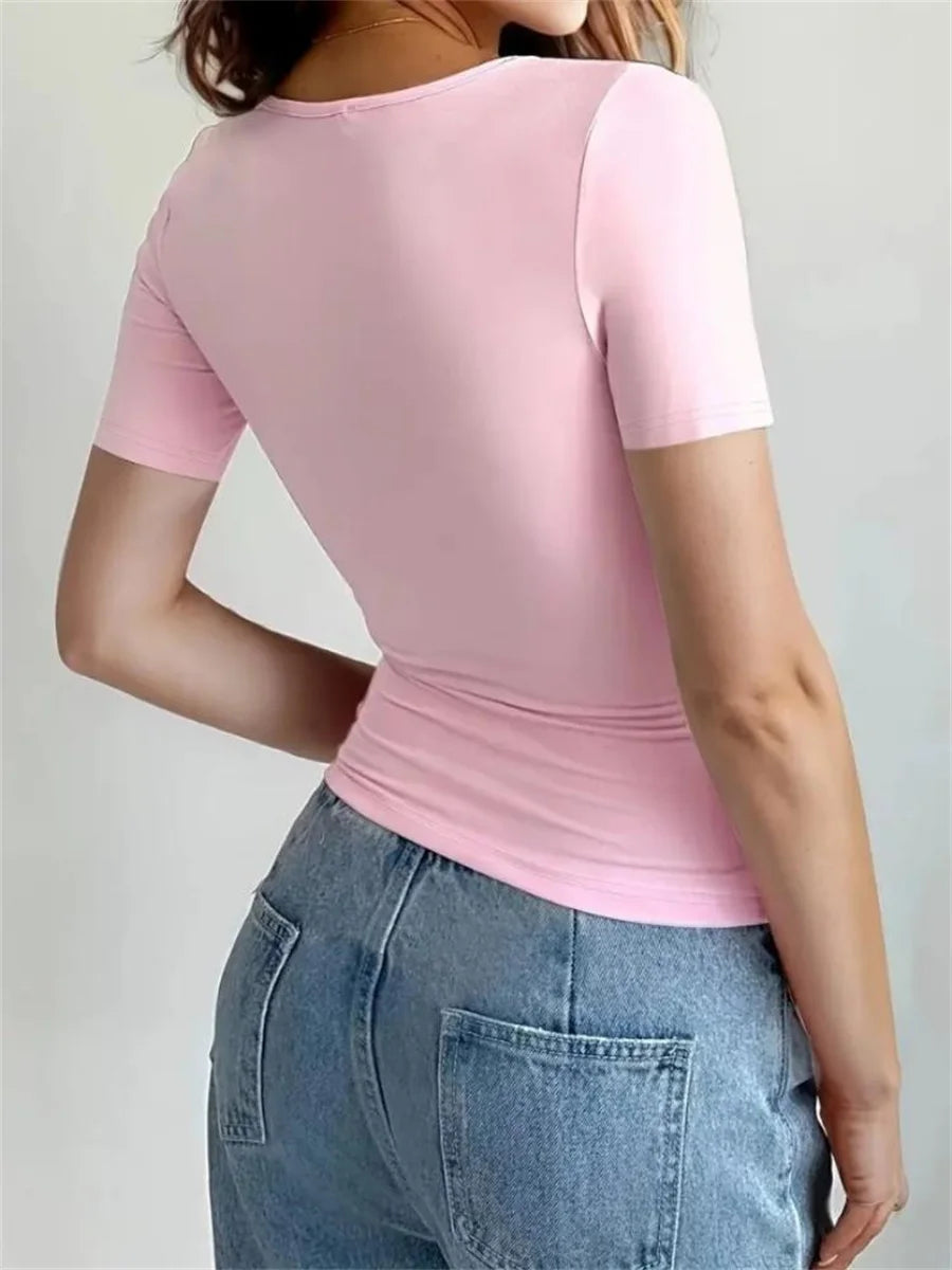 3 Stück Damen Slim Fit Kurzarm T-Shirts Elegant Rundhalsausschnitt Casual T-Shirt Damen Y2k Vintage Basic Tees 2025 Damenbekleidung