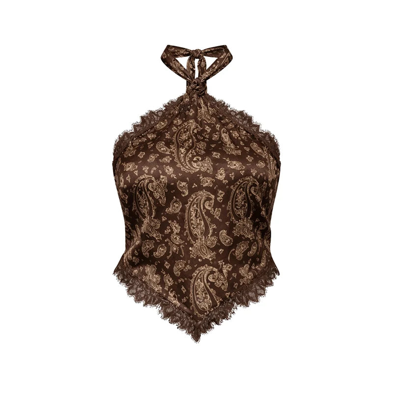 Sexy Spitzen-Patchwork-Top und Shorts-Set für Damen, Bedrucktes Strand-Neckholder-Top, Ärmellos, Rückenfrei, Kurze Hose, Damen-Set für den Sommerurlaub 2026