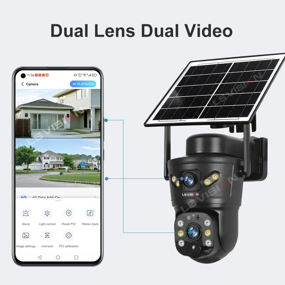 LS VISION 4K 8MP Dual Screens Solar-Überwachungskamera für den Außenbereich, 4G/WiFi Dual Lens PTZ Human Auto Tracking CCTV-Kameras V380 Pro App