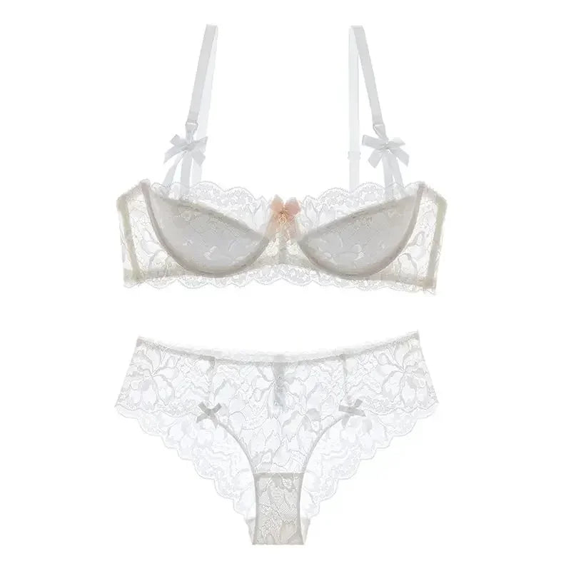 BANERDANNI Französisches Spitzen-Bralette-Set, atmungsaktiver, nicht gepolsterter BH für zierliche, transparente Blumen-Dessous, kabelloses Komfort-Anti-Gap-Design