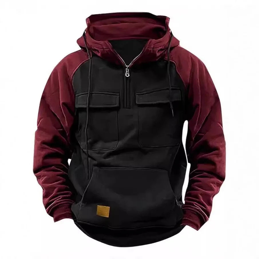 Herren Hoodie Sweatshirt Reißverschlusstaschen Arbeitskleidung Retro Farbblock Wintersport Flügelärmel Lose Passform Lässige Streetwear