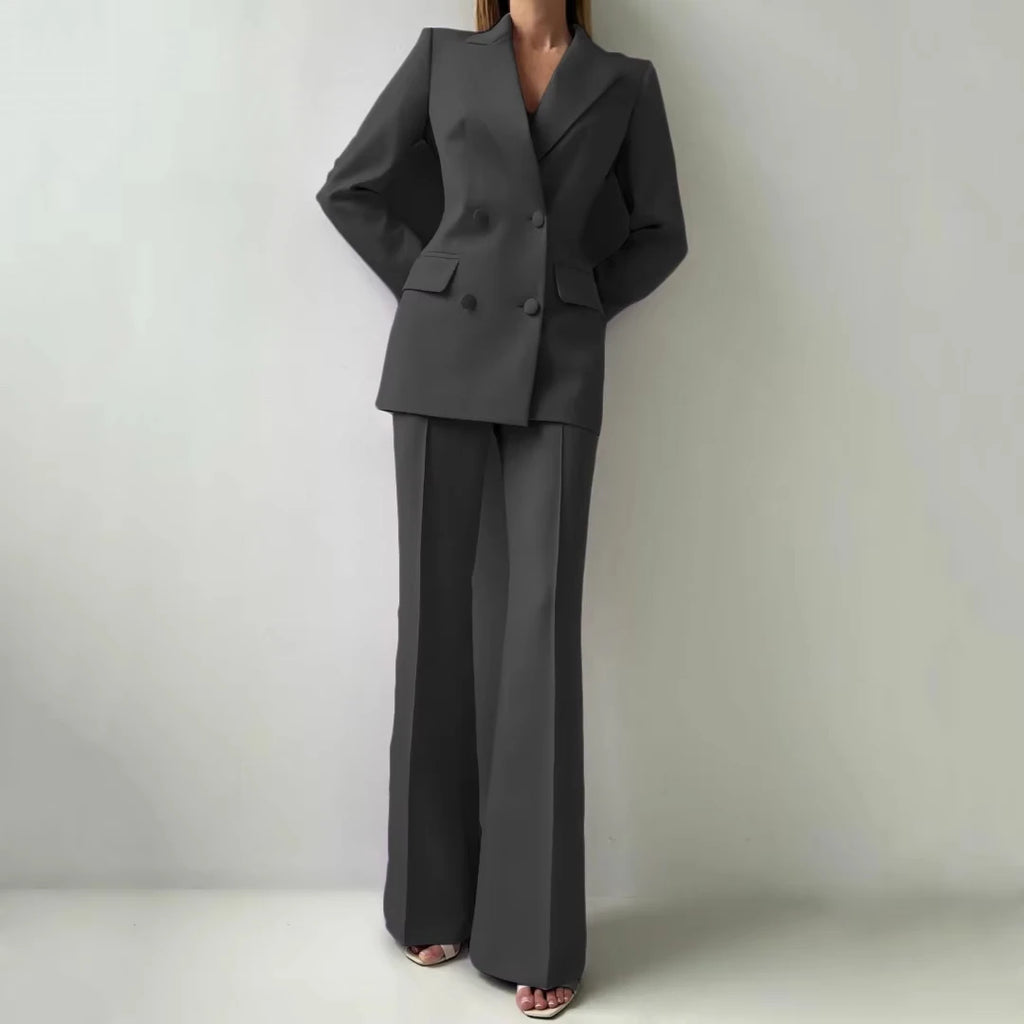 Damenanzug, 2-teilig, dunkelgrau, mit Revers, Doppelknopf, für Hochzeit, Bankett, Party, Business, Büro, Pendeln, Alltag, Blazer und Hose