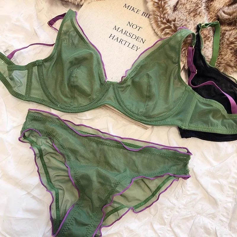 Elegantes Minimizer-BH-Set im französischen Design, modische Dreiecksschalen, strukturelle Unterstützung, ultradünnes, weiches Mesh-Dessous-Set, MOYISU Sexy Tushy