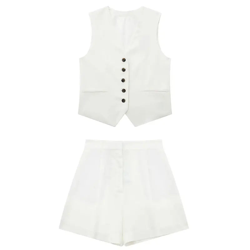 Frauen Vintage-Mode Shorts Set Casual Solide Weiß Ärmellose Weste + Taschen Hosen Weibliche Zwei Stücke Set Straße Roupa De mujer