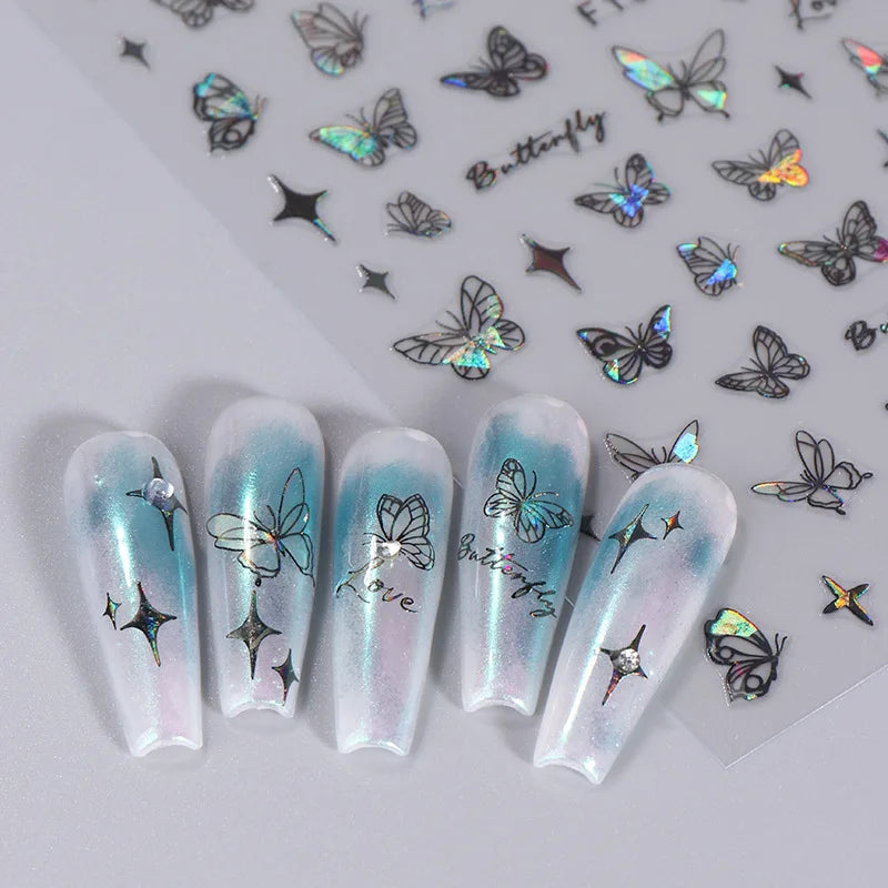 1PCS Schwarz Weiß Schmetterling Laser Nagel Aufkleber Y2K Nail art Dekoration Abstrakte Linien Bronzing Blumen Aufkleber Für Nägel