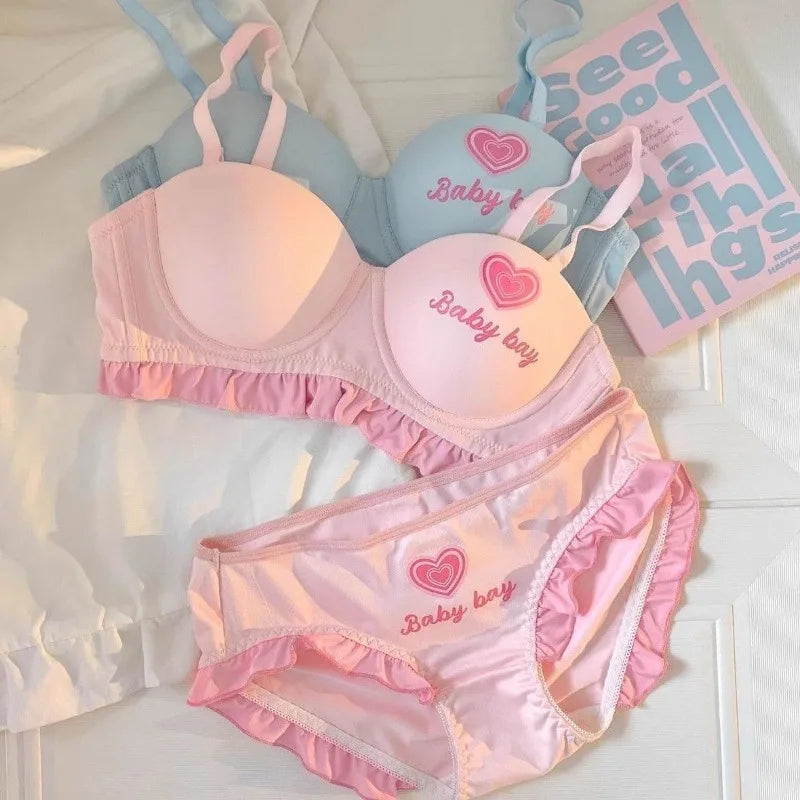Kawaii Lolita Dessous Set Push-Up-BH, kabelloses gepolstertes Bralette für kleine Brust, süßes BH- und Höschenset im Barbie-Puppenstil MOYISU
