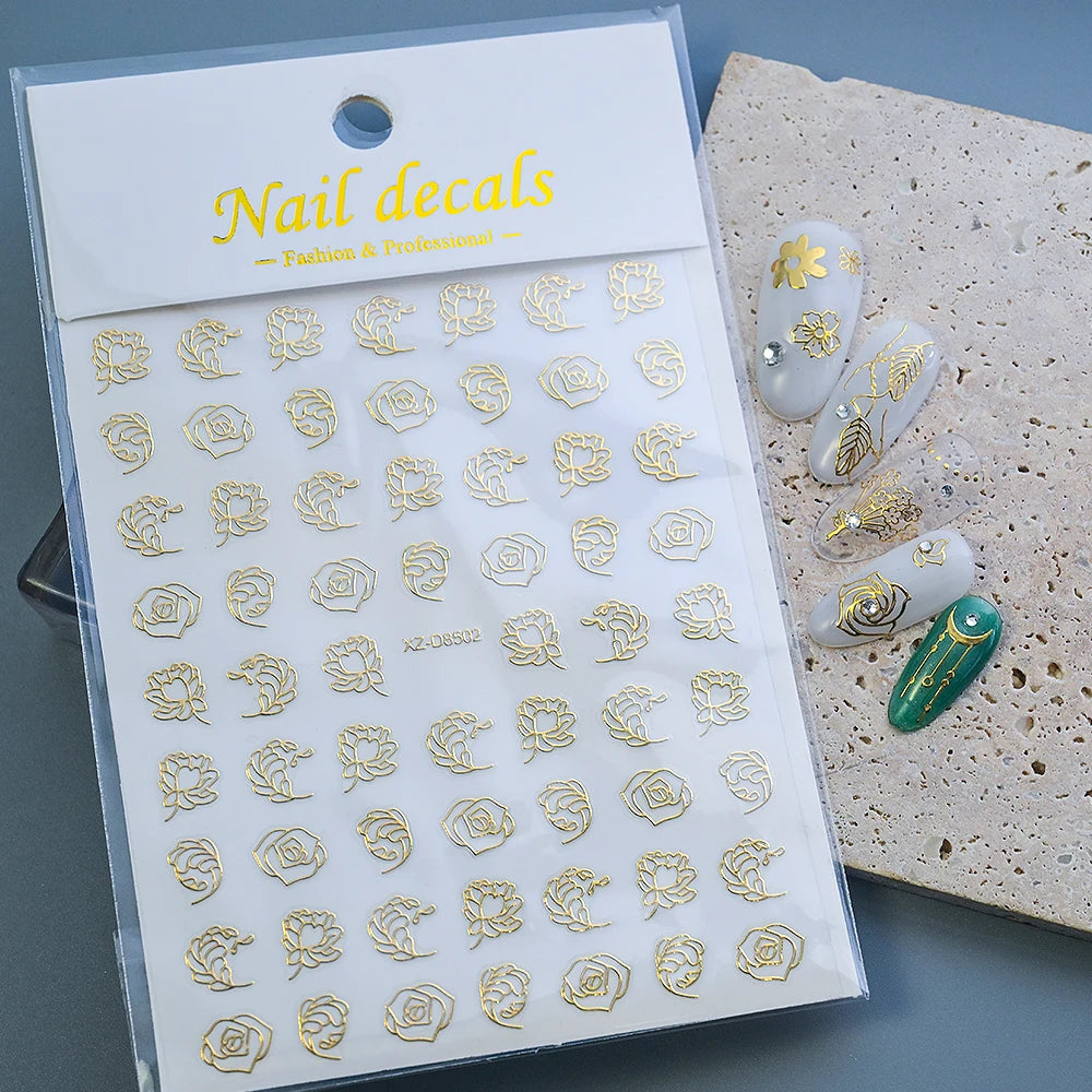 1 Blatt 3D Blattgold Blume Nail Art Aufkleber Blumenstrauß Blütenblatt Retro Nagelaufkleber Selbstklebende Blüte Charmante Maniküre Schieber