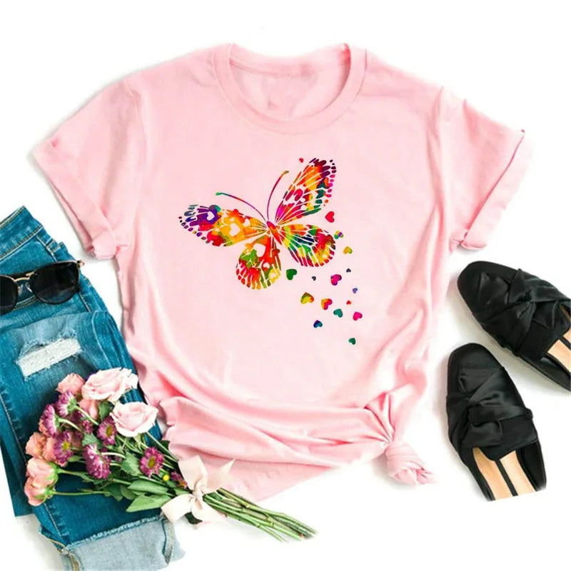 Neue blaue Schmetterling Blumen gedruckt T-Shirt Frauen Sommer lässig Kurzarm O-Ausschnitt Tops 90er Jahre Mode Grafik weibliche Tops T-Shirts