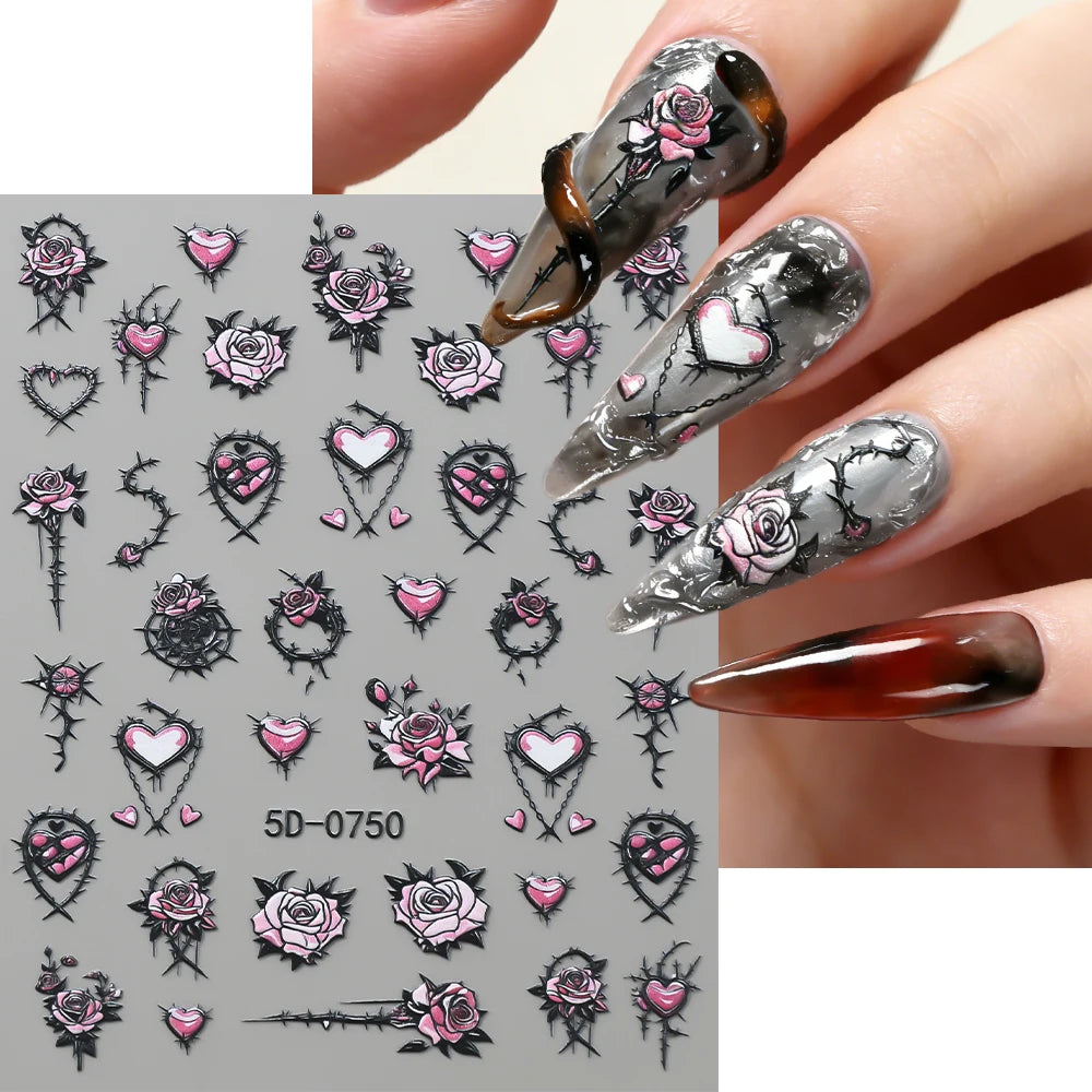 1 Stück Dunkle Sexy 5D Geprägte Dornen-Rosen-Nagelaufkleber Selbstklebende Gotische Rosa Rosen-Herz-Liebe Nagelsticker Y2K Punk Maniküre-Deko