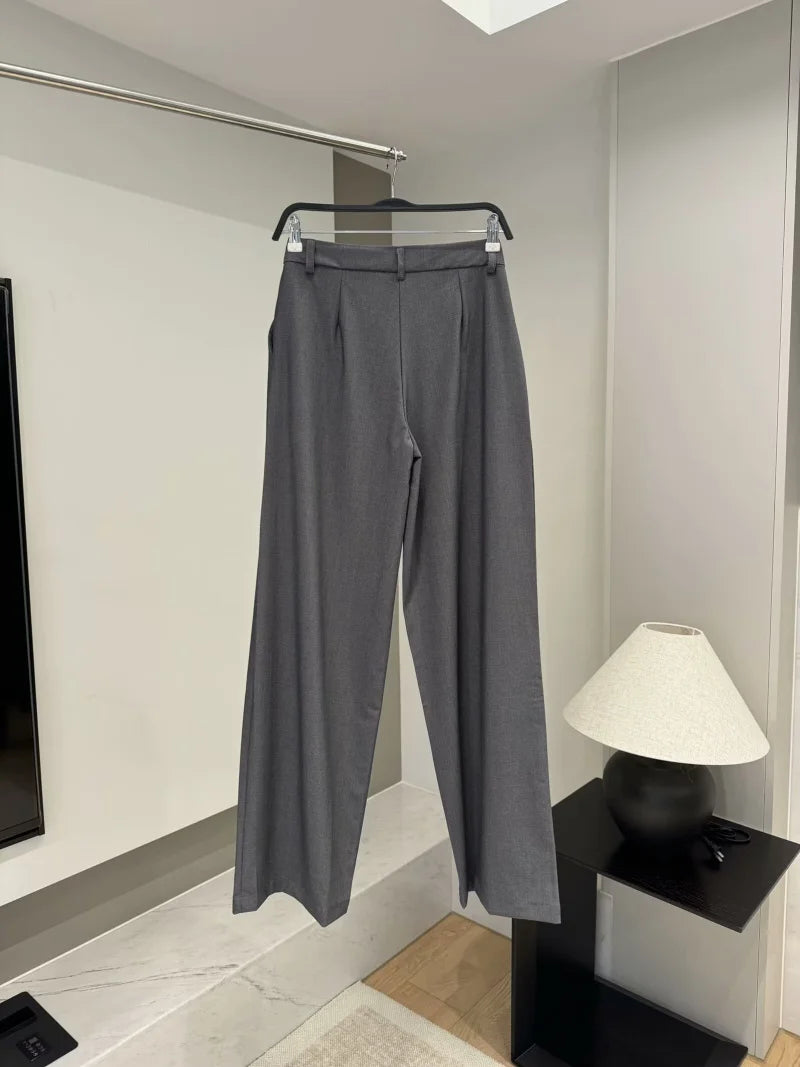 ETJ 2025 Frühjahrsneues Anzugset für Damen mit schultergepolstertem Zweireiher-Blazer und hoch taillierter, plissierter Hose mit weitem Bein