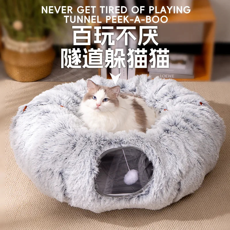 Faltbares, flauschiges Katzenbett-Tunnel-Spielzeug für den Winter, Heimtierbedarf, Katzenbohren, Spielhaus mit Stauraum, Haus- und Gartenbedarf für Katzen