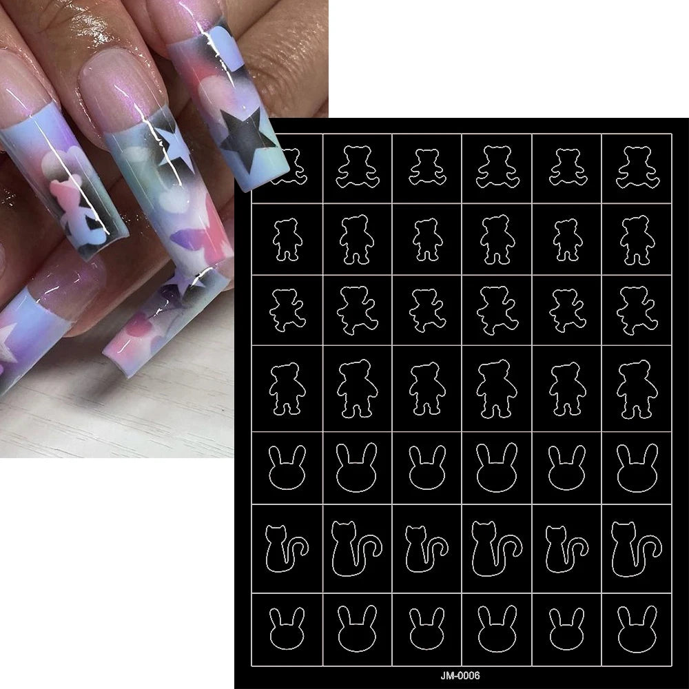 24 Muster Airbrush-Schablonen, Nagelkunst-Aufkleber, hohler Schmetterling/Blume/Schleife/Französische Liniendruckschablonen, Nagelaufkleber, DIY-Werkzeuge