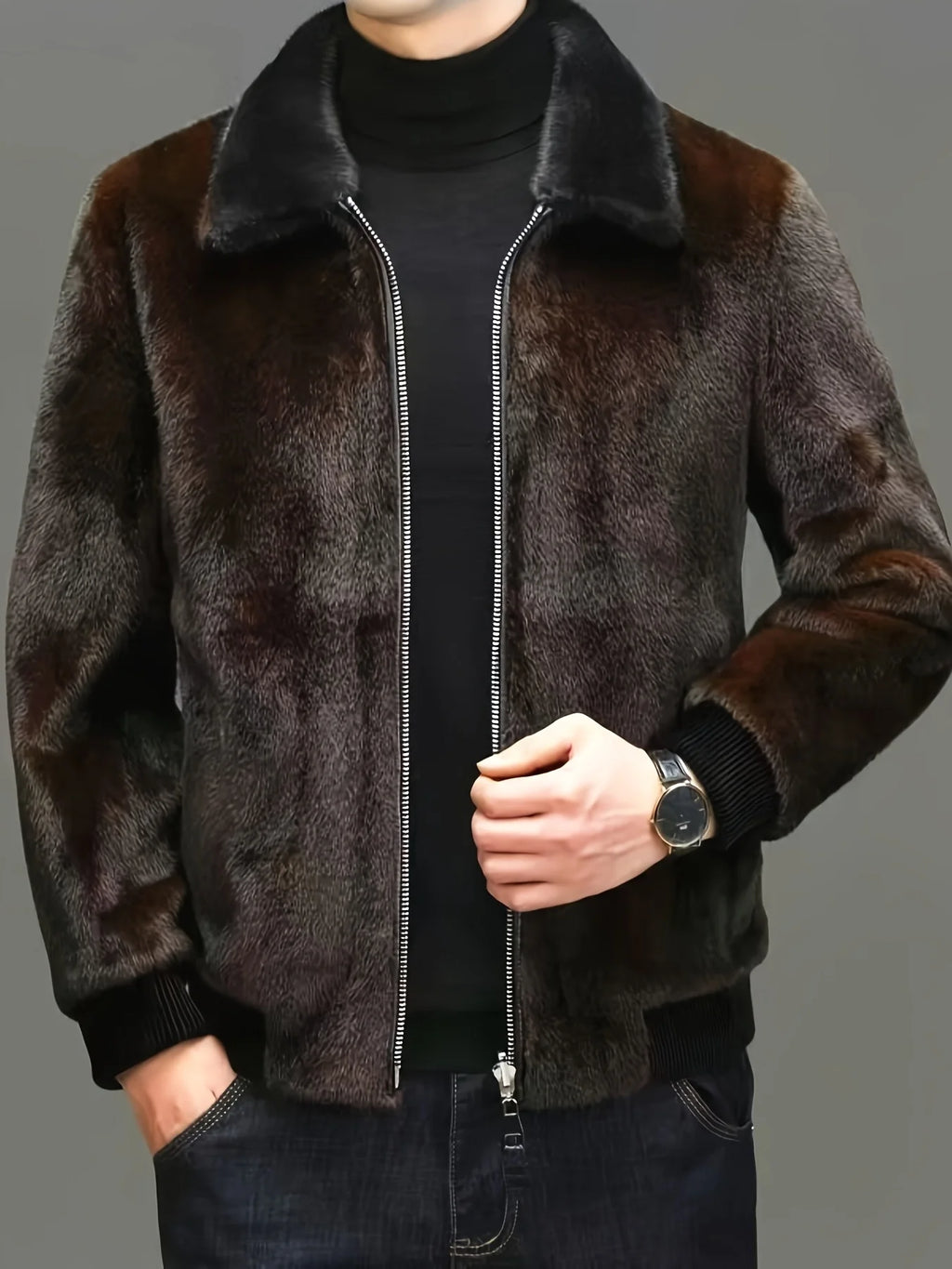 Übergroße Herren-Kunstpelzjacke, Kunstnerz-Mantel, Verdickter Warmer Oberteil, Revers-Nerzjacke, Herbst- und Winterstil