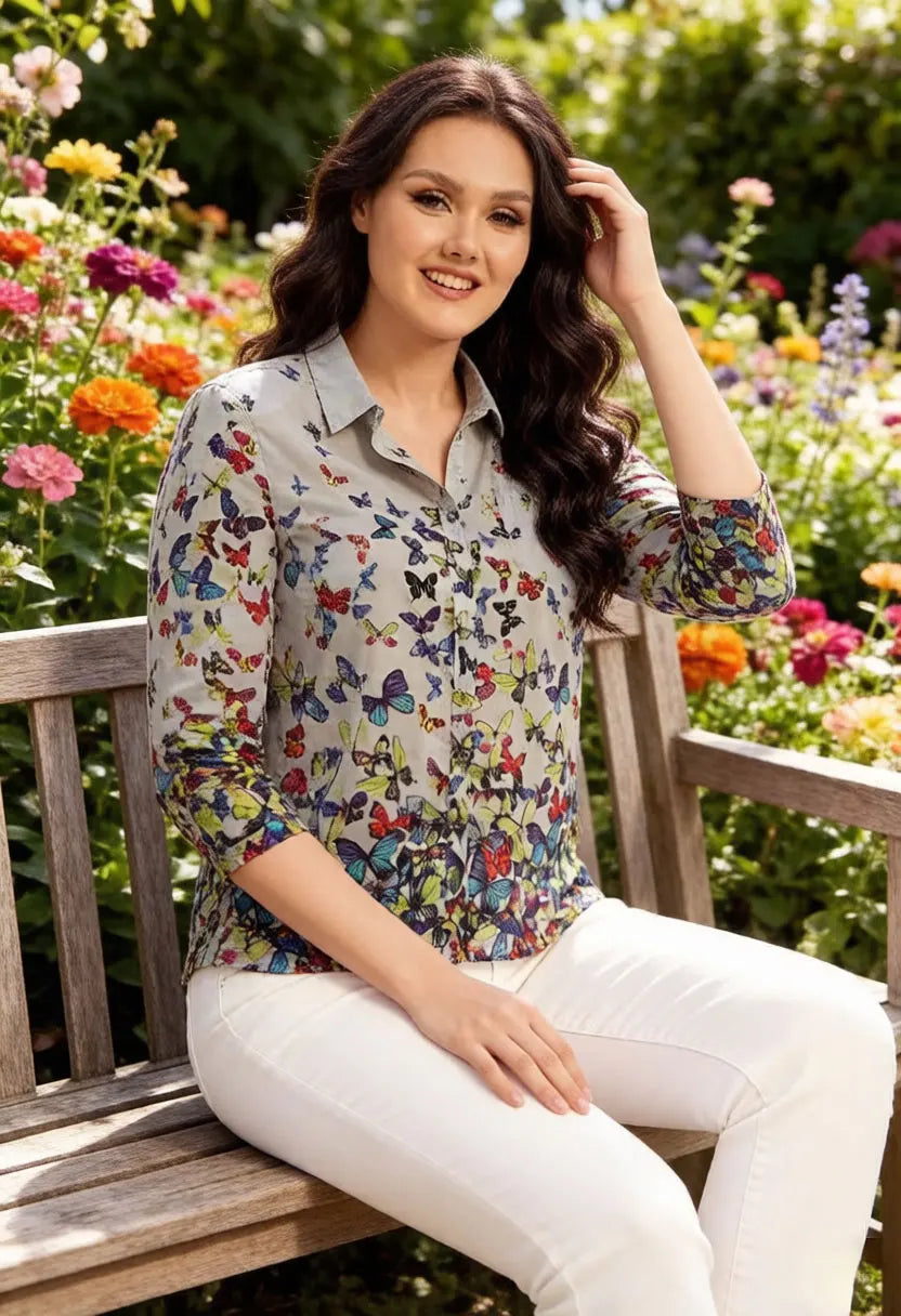 Damen-Bluse mit Schmetterlingsdruck, Chiffon-Hemd, 3/4-Ärmel, Umlegekragen, lässig, lockere Passform, Sommer-Top