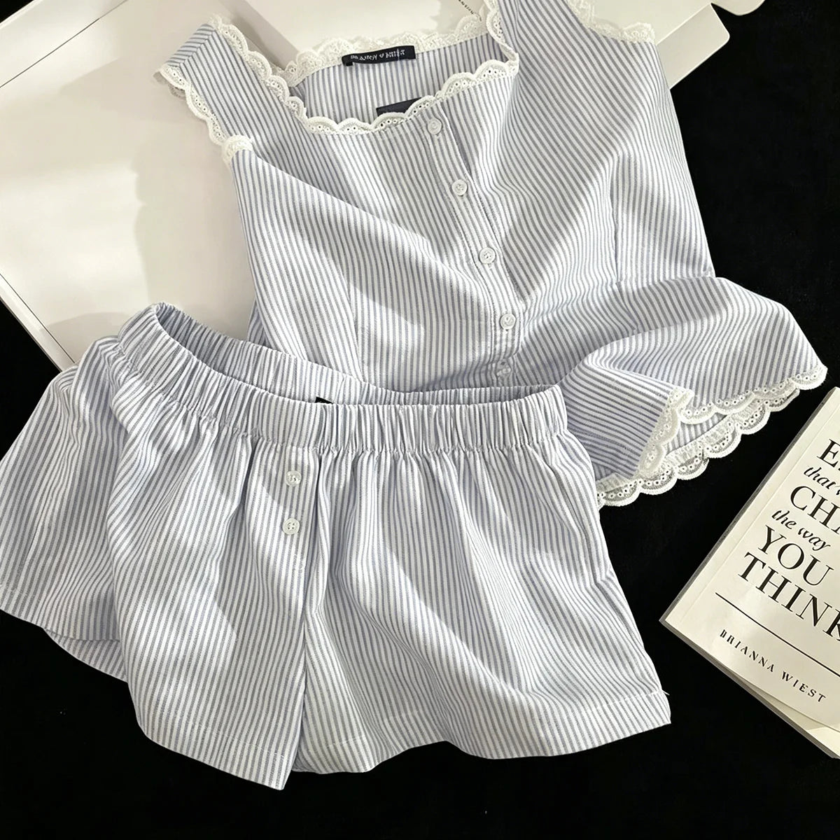 Gestreifte Damen-Pyjamas, Sommer-Nachtwäsche, ärmellose Shorts-Sets, 2-teilig, Spitzen-Nachtwäsche, Tank-Top, koreanischer Schlafanzug für zu Hause