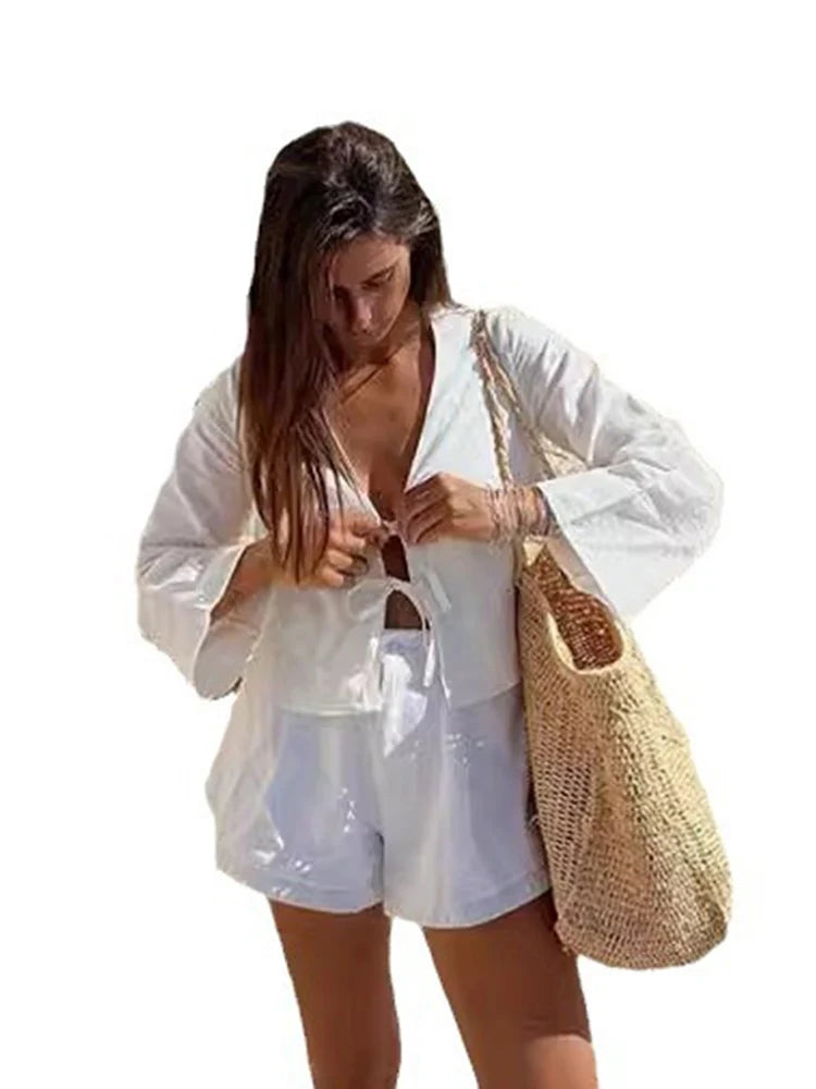 Sommer Weiße Bluse mit V-ausschnitt für Frauen Elegante Lose Lange Hülse Spitze-Up Hemd Casual Chic Street Style Einfarbig dame Top