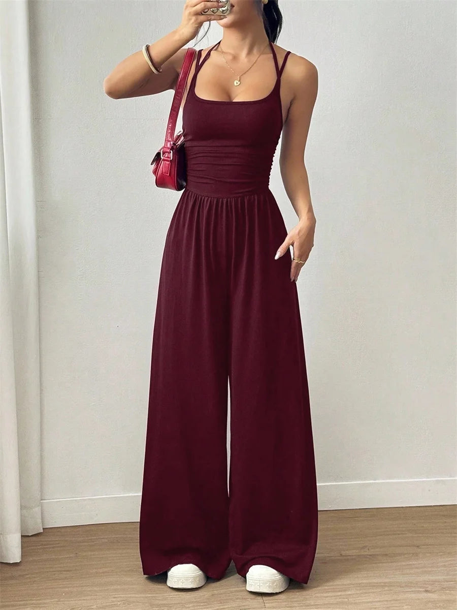 Damen-Jumpsuit mit Neckholder, geraffter Taille, U-Ausschnitt, weitem Bein, einfarbig, Sommer 2026, Alltagskleidung, Freizeit, für Büro und Studenten