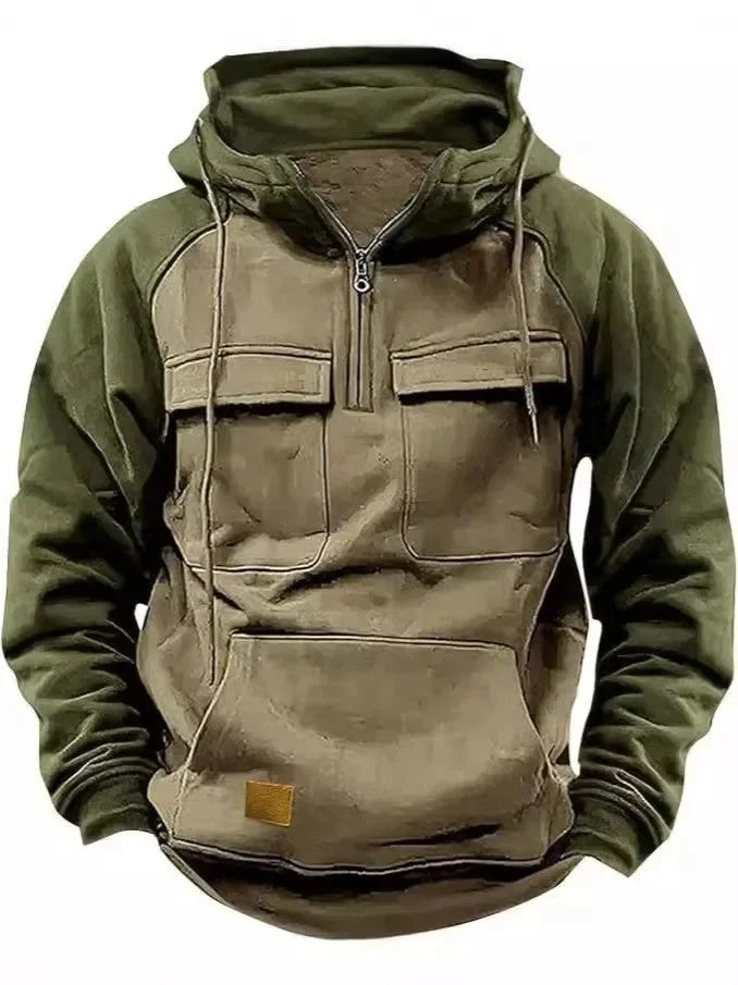 Herren Hoodie Sweatshirt Reißverschlusstaschen Arbeitskleidung Retro Farbblock Wintersport Flügelärmel Lose Passform Lässige Streetwear