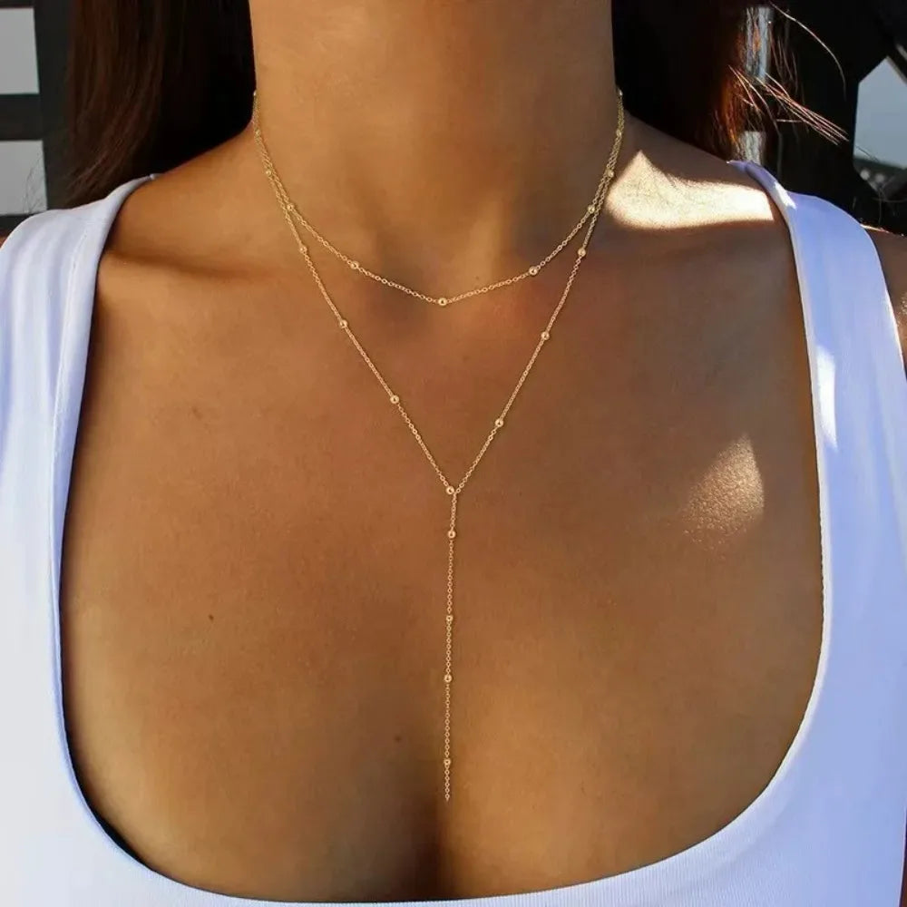 Neue vergoldete Lariat-Halskette für Frauen, doppelt lieferbar, lange Kette, Tropfen-Anhänger, Halsband, Modeschmuck, Accessoires, Geschenke