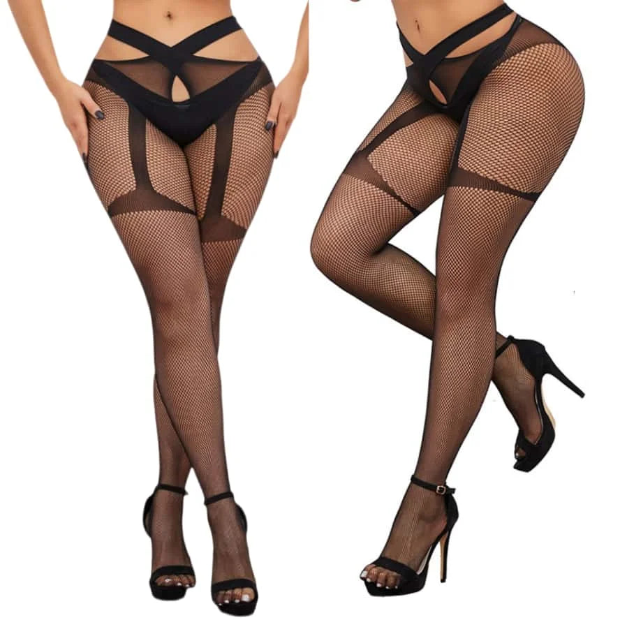 NEWFUNJOIN Übergrößen Netzstrümpfe Oberschenkelhohe Sexy Fischnetz-Spitzenstrümpfe Schwarze Strümpfe für Mädchen und Frauen 3XL
