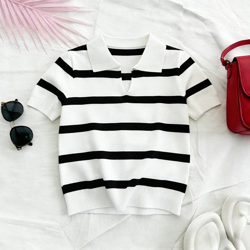 Rot-Weiß Gestreiftes Sommer-Strick-Poloshirt für Damen, Kurzarm-Hemd mit Kragen, Leichtes Elastisches Casual Tägliches Strick-Oberteil