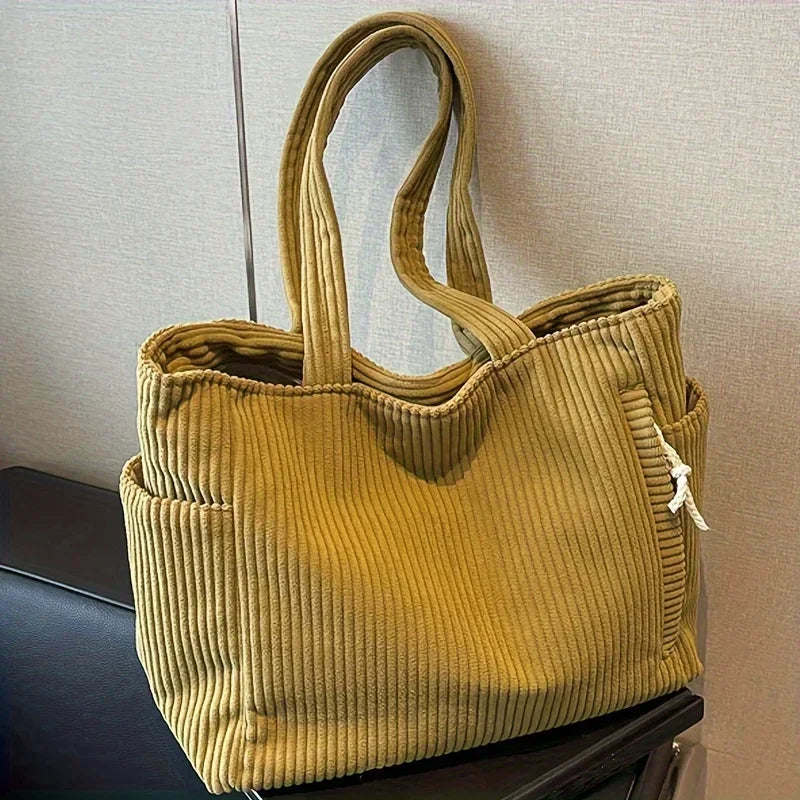Cord-Tragetasche mit Reißverschluss, leicht und großes Fassungsvermögen, fester Schultergurt, einfarbig, tägliche Pendler-Handtasche