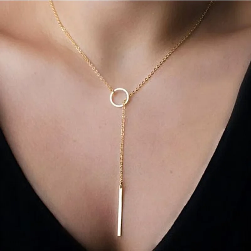 Aihua Minimalistische Halskette mit rundem Stab-Anhänger für Frauen, Schlüsselbein-Halskette, lange Kette, Modeschmuck, Statement-Geschenke für Mädchen